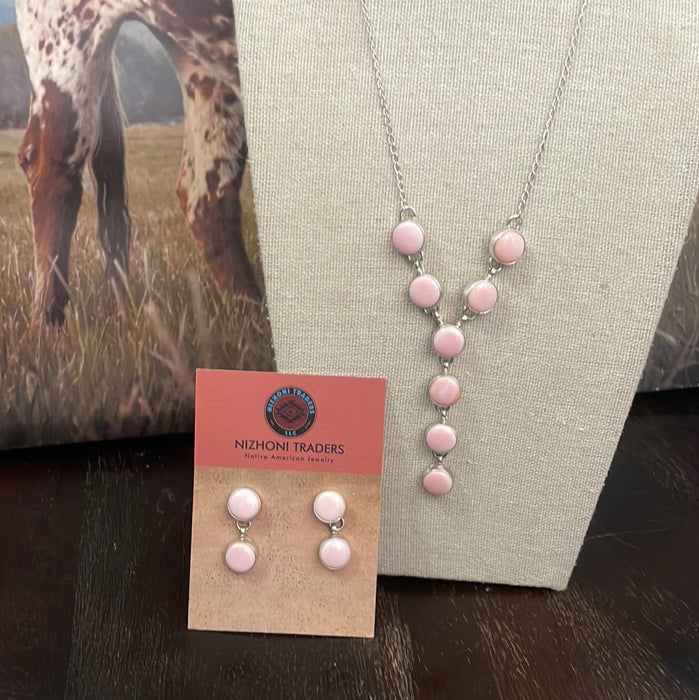 Navajo Queen Pink Conch Shell And Sterling Silver Lariat Necklace Earrings Set Signed