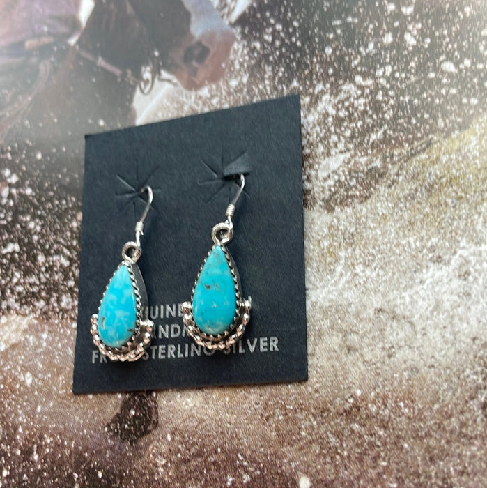 Beautiful Navajo Sterling Silver Turquoise Tear Drop Dangle Earrings