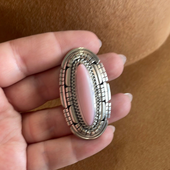 Beautiful Navajo Pink Conch And Sterling Silver Adjustable Oval Ring Signed - Culture Kraze Marketplace.com