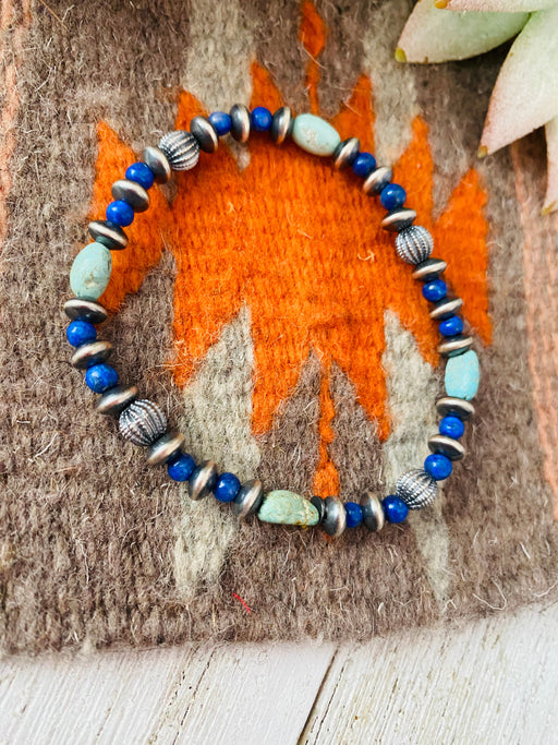 Handmade Turquoise, Lapis & Sterling Silver Beaded Stretch Bracelet - Culture Kraze Marketplace.com