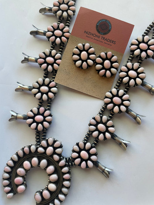 Navajo Sterling Silver & Pink Conch Squash Blossom Necklace Earring Set Signed - Culture Kraze Marketplace.com