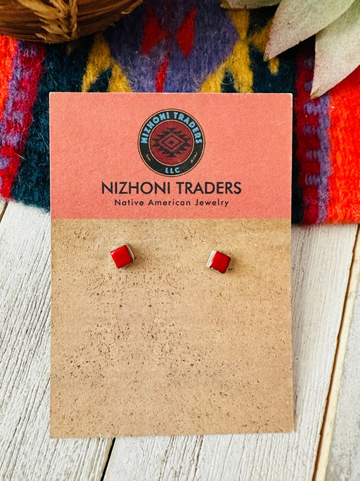 Navajo Coral & Sterling Silver Diamond Stud Earrings - Culture Kraze Marketplace.com
