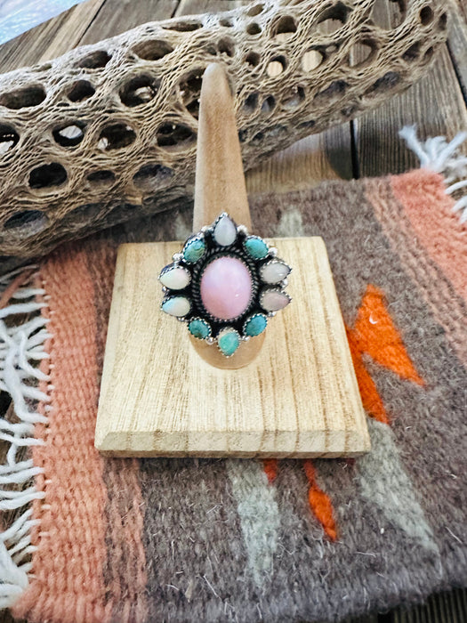 Handmade Sterling Silver, Pink Conch, Turquoise & Opal Cluster Adjustable Ring - Culture Kraze Marketplace.com
