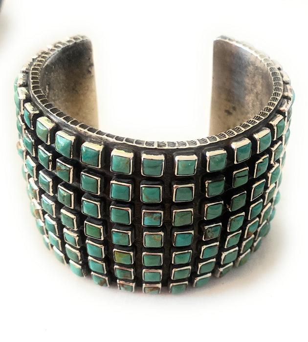 Navajo Kingman Turquoise And Sterling Silver Cluster Cuff Bracelet By Ernest Rangel