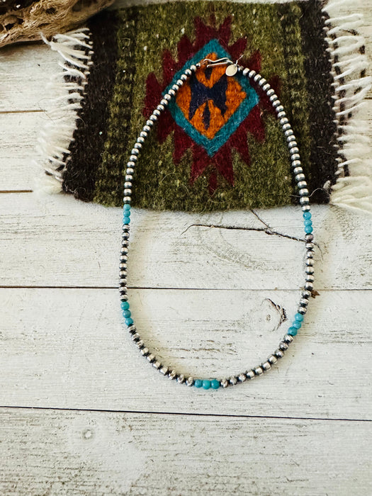 Navajo Turquoise & Sterling Silver Diamond Cut Beaded Necklace 14” or 16”