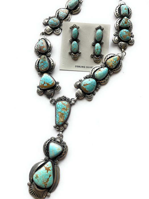 Navajo Sterling Silver & Number 8 Turquoise Necklace Earring Set Signed