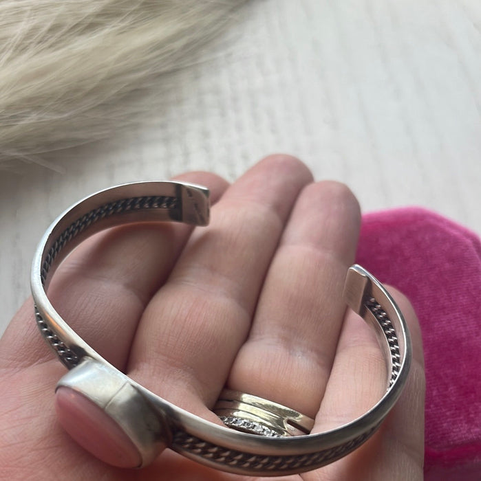 Navajo Pink Conch & Sterling Silver Adjustable Cuff Bracelet Signed