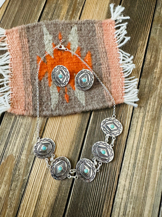 Handmade Sterling Silver & Turquoise Concho Necklace Set