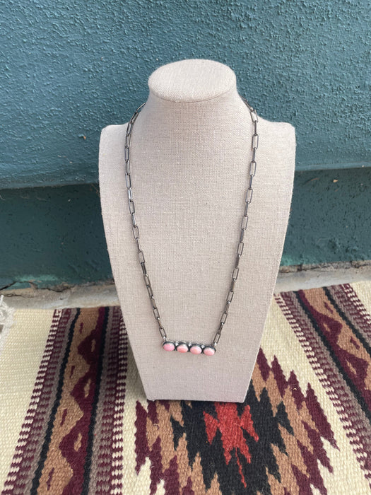 Navajo Queen Pink Conch Shell And Sterling Silver 4 Stone Bar Necklace Signed