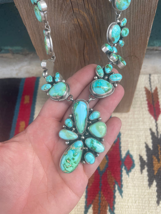 Beautiful Navajo Sterling Silver Sonoran Mountain Turquoise Necklace & Earring Set Signed Travis J