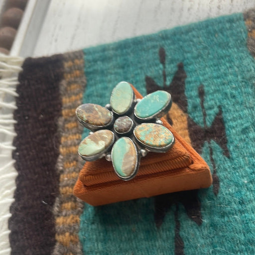 Navajo Jacqueline Silver & Royston Turquoise Flower Ring Size 8.5 Signed - Culture Kraze Marketplace.com