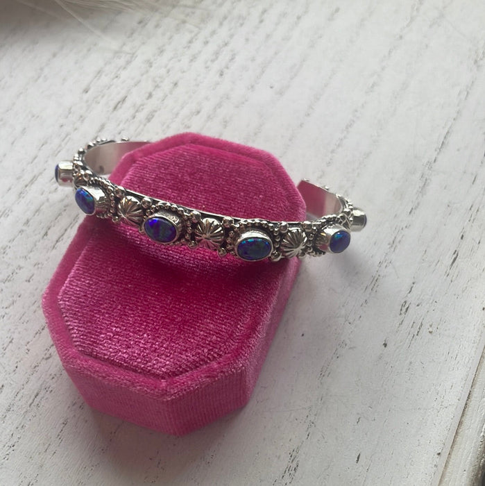 Navajo Sterling Silver & Opal Purple Cuff Bracelet Signed