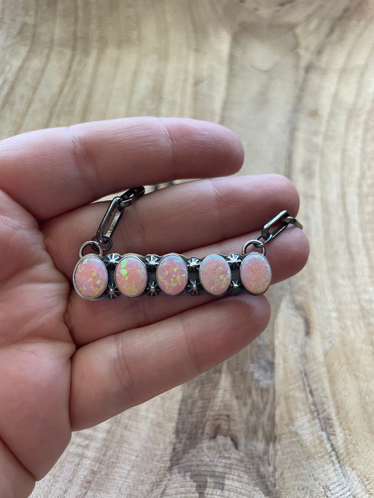 Navajo Sterling Silver & Pink Opal Bar Necklace 16 inch Signed