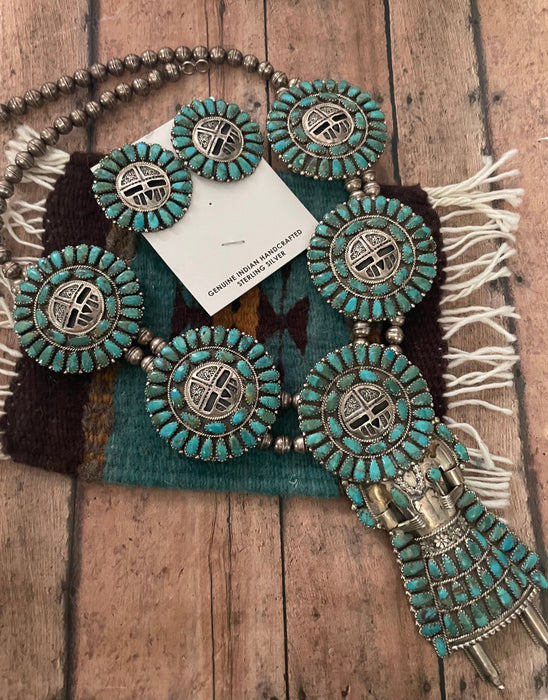 Vintage Navajo Sterling Silver And Turquoise Kachina Squash Blossom Necklace Earrings Set Signed