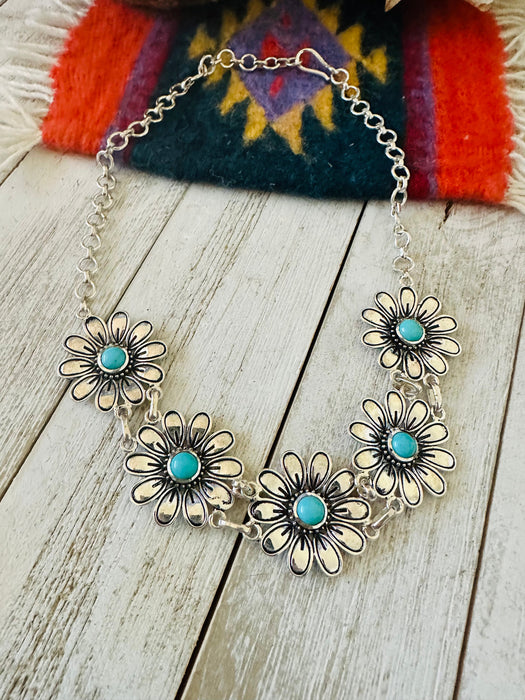 Handmade Turquoise & Sterling Silver Beaded Flower Necklace