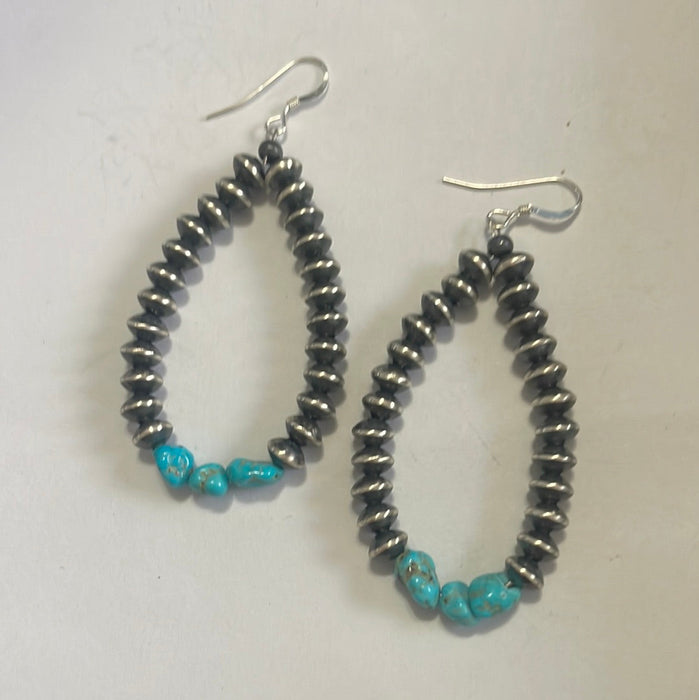 Navajo Pearl Style Sterling Silver Turquoise Beaded Dangle Hoop Earrings - Culture Kraze Marketplace.com