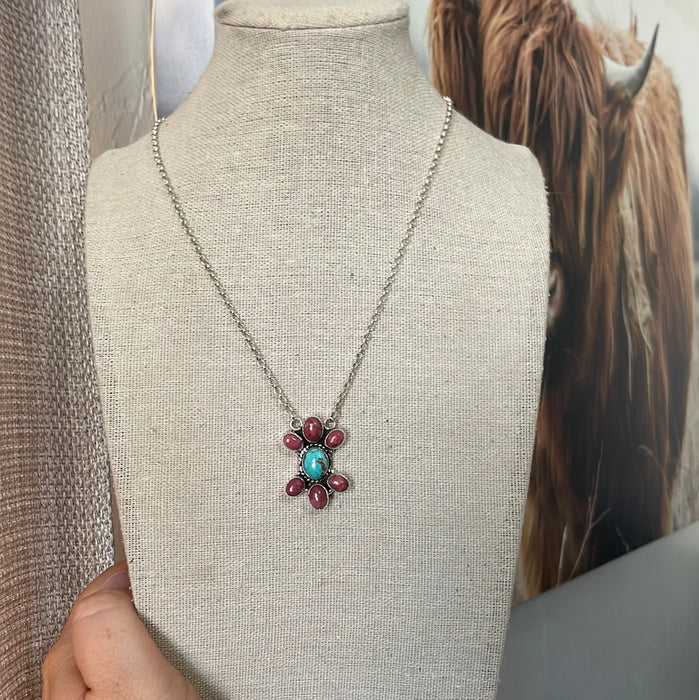 Handmade Sterling Silver, Rhodonite & Turquoise Necklace
