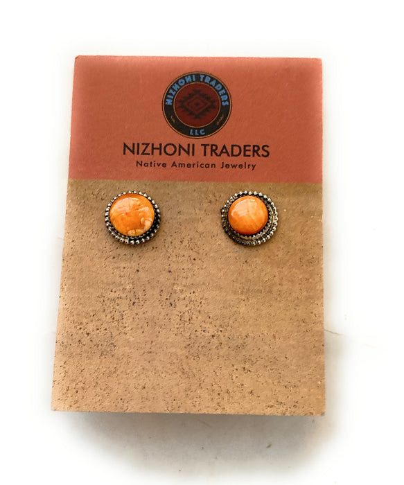 Navajo Sterling Silver & Orange Spiny Stud Earrings