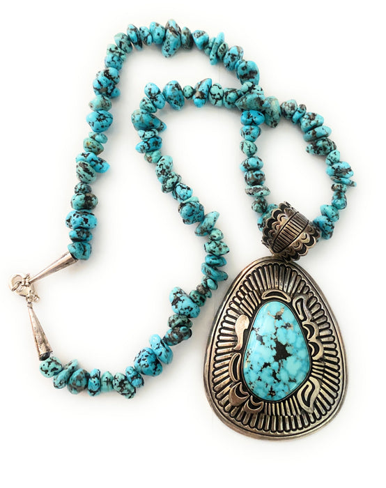 Navajo Sterling Silver & Kingman Turquoise Beaded Necklace - Culture Kraze Marketplace.com