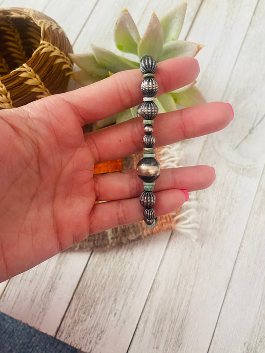 Handmade Turquoise & Sterling Silver Beaded Stretch Bracelet - Culture Kraze Marketplace.com