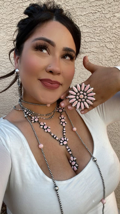 Navajo Queen Pink Conch Shell And Sterling Silver Necklace Earrings Set By Travis J