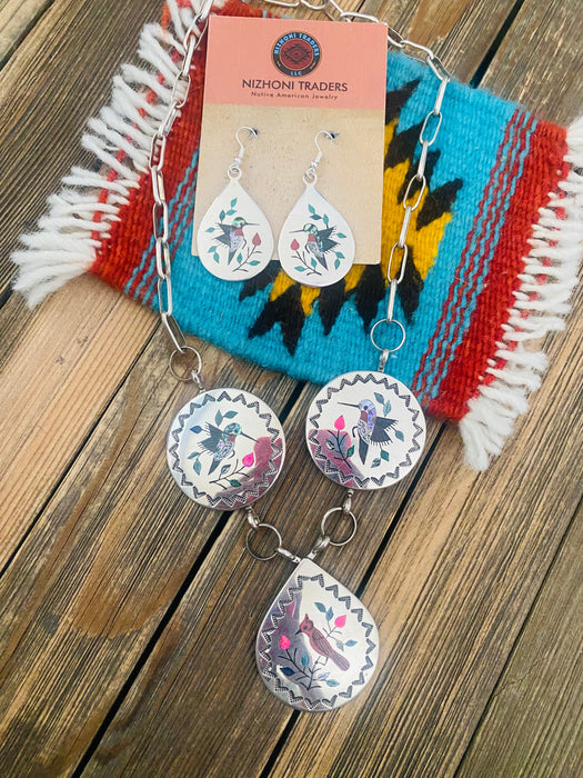 Zuni Sterling Silver & Multi Stone Hummingbird Necklace Set