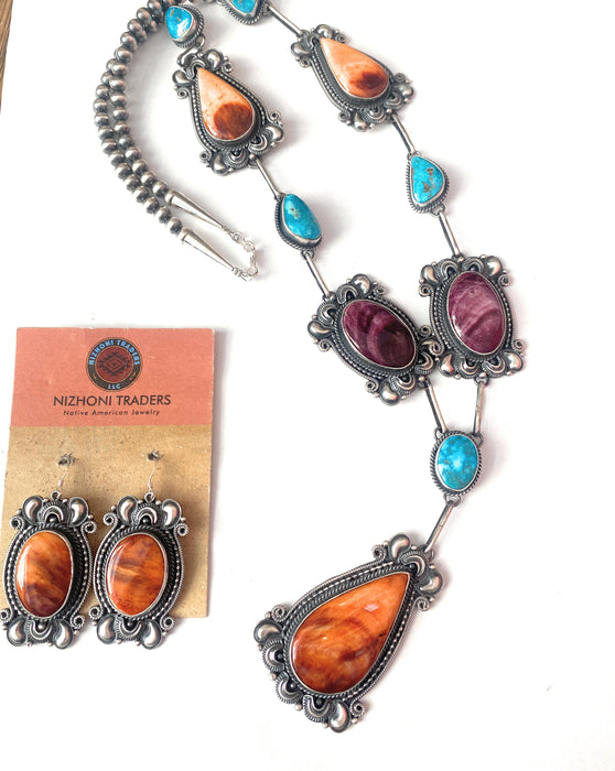 Navajo Spiny, Turquoise & Sterling Silver Necklace & Earring Set by Derrick Gordon