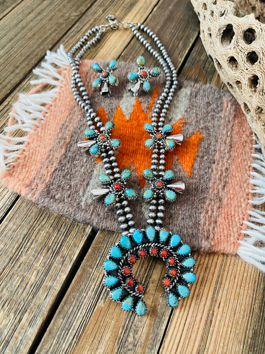 Handmade Sterling Silver, Turquoise & Coral Squash Blossom Set