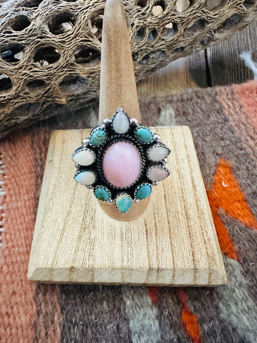 Handmade Sterling Silver, Pink Conch, Turquoise & Opal Cluster Adjustable Ring - Culture Kraze Marketplace.com