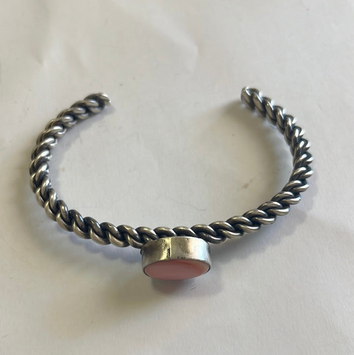 Navajo Oval Pink Conch & Sterling Silver Adjustable Cuff Bracelet