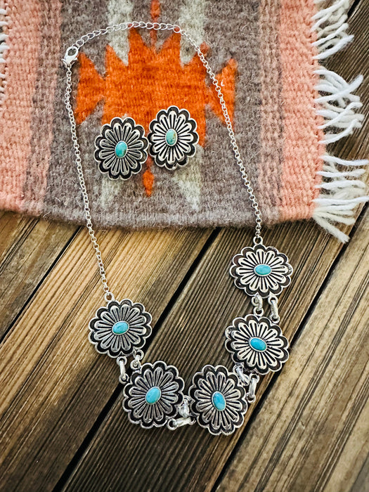 Handmade Sterling Silver & Turquoise Flower Necklace Set