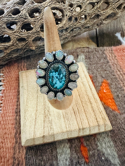 Handmade Sterling Silver Turquoise & Opal Cluster Adjustable Ring - Culture Kraze Marketplace.com
