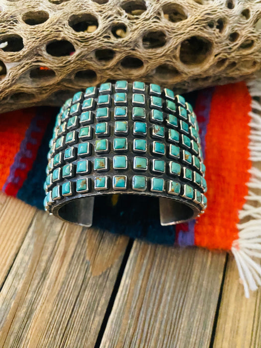 Navajo Kingman Turquoise And Sterling Silver Cluster Cuff Bracelet By Ernest Rangel