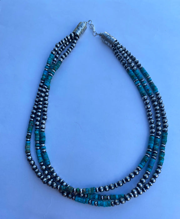 Navajo 3 Strand Kingman Turquoise & Sterling Beaded 18 inches