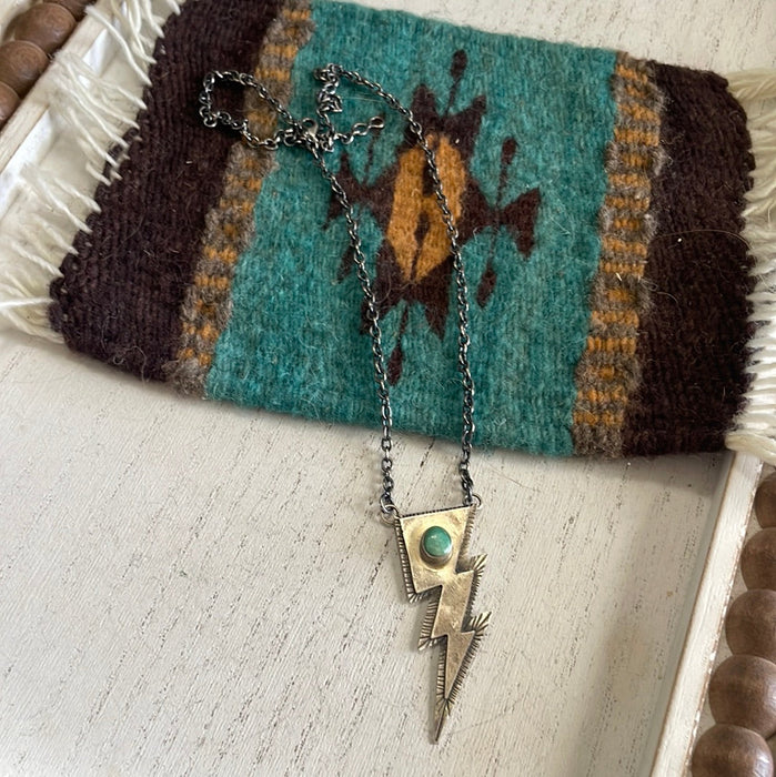 “The Bolt” Navajo Sterling Silver & Royston Turquoise Lightening Bolt Necklace Signed Scott Skeets