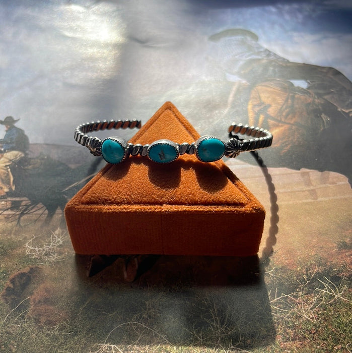 Navajo 3 Stone Adjustable Sterling & Turquoise Cuff Bracelet
