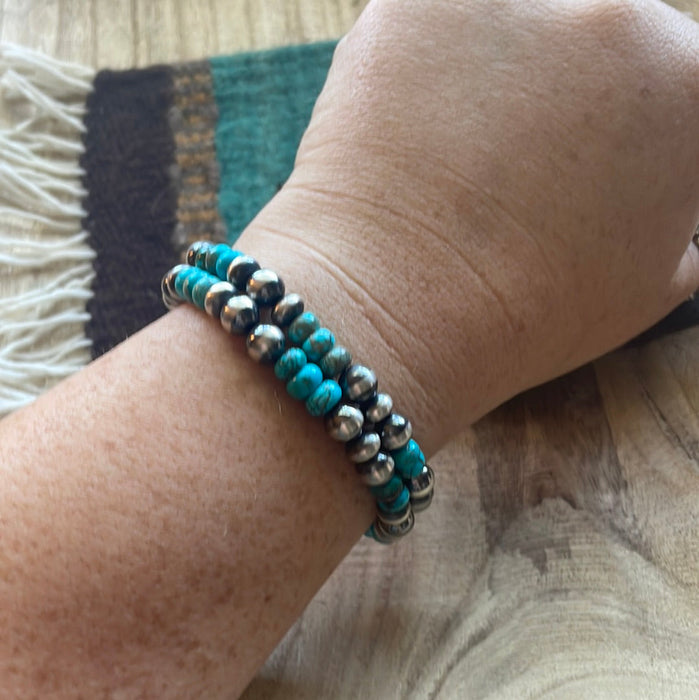 Navajo Sterling Silver & Turquoise Beaded Stretch Bracelet
