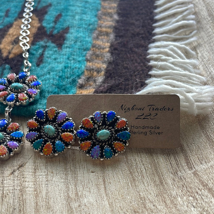 Handmade Sterling Silver, Turquoise, & Fire Opal Squash Necklace, Earrings Set Signed Nizhoni
