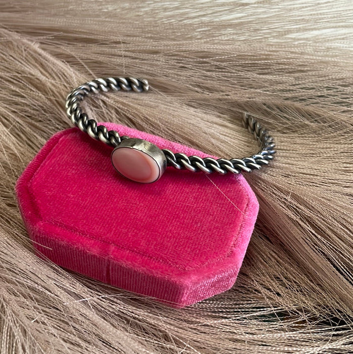 Navajo Oval Pink Conch & Sterling Silver Adjustable Cuff Bracelet