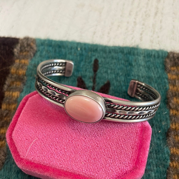 Navajo Pink Conch & Sterling Silver Adjustable Oval Cuff Bracelet Signed Tahe