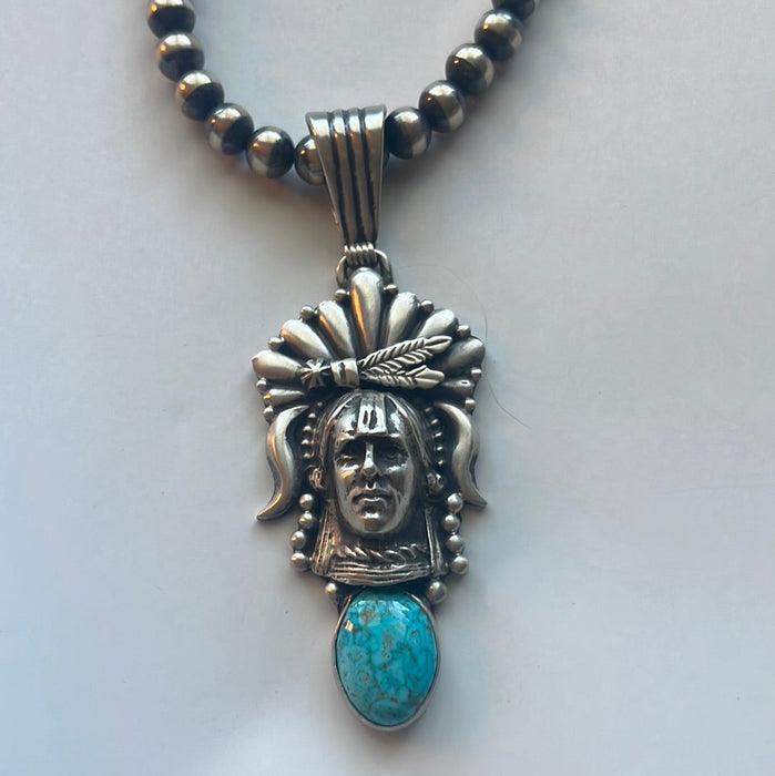 Beautiful Navajo Sterling Silver & Turquoise Chief Pendant Signed Russell Sam - Culture Kraze Marketplace.com