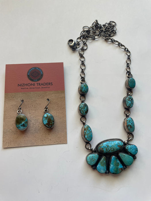 Beautiful Navajo Sterling Silver Turquoise Necklace & Earring Set Signed B Johnson