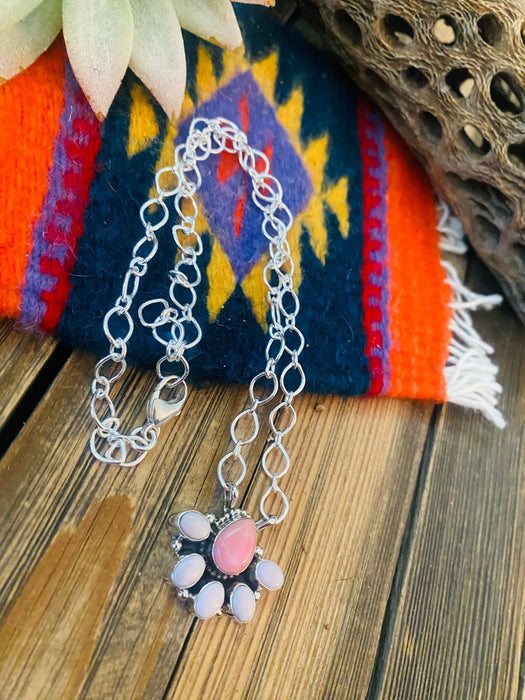 Navajo Sterling Silver & Pink Conch Shell Cluster Necklace