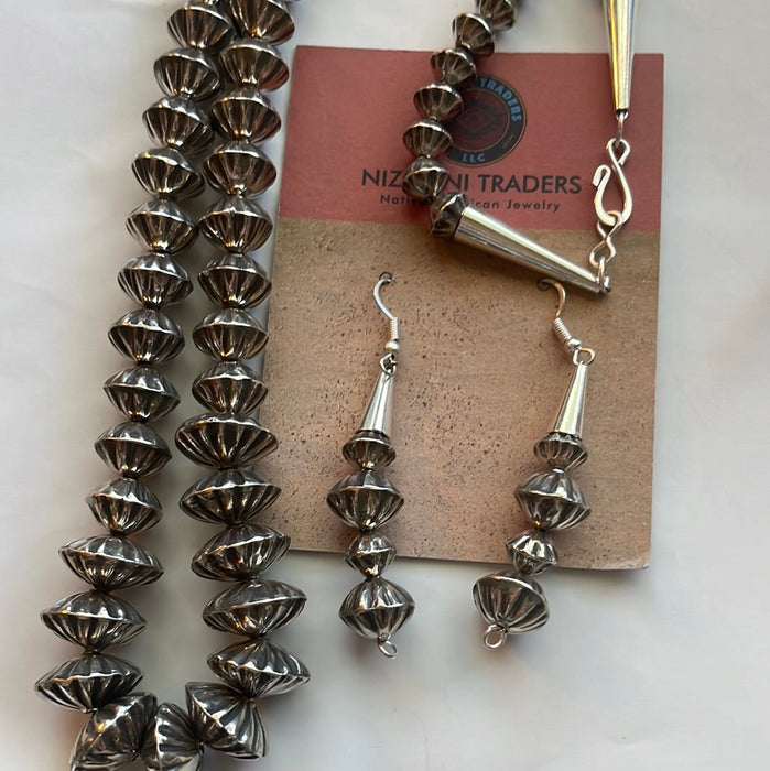 Navajo Sterling Silver Beaded Necklace And Dangle Earring Set