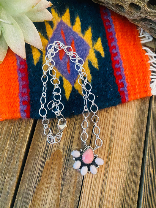 Navajo Sterling Silver & Pink Conch Shell Cluster Necklace