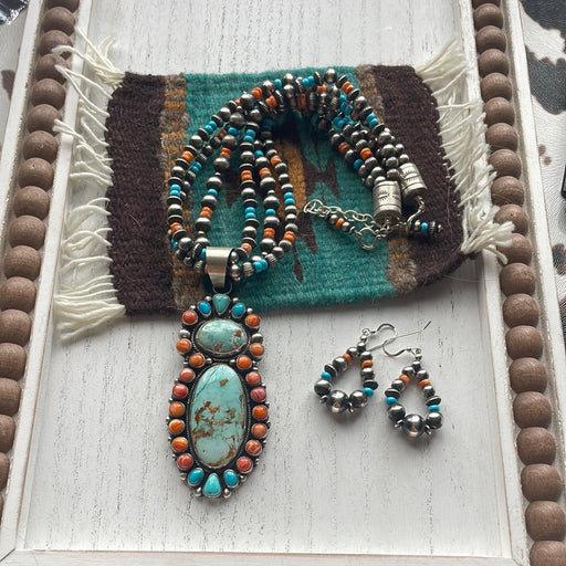 Navajo Beaded Turquoise, Spiny, & Sterling Silver Necklace Earrings Set Signed - Culture Kraze Marketplace.com