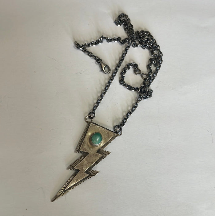 “The Bolt” Navajo Sterling Silver & Royston Turquoise Lightening Bolt Necklace Signed Scott Skeets