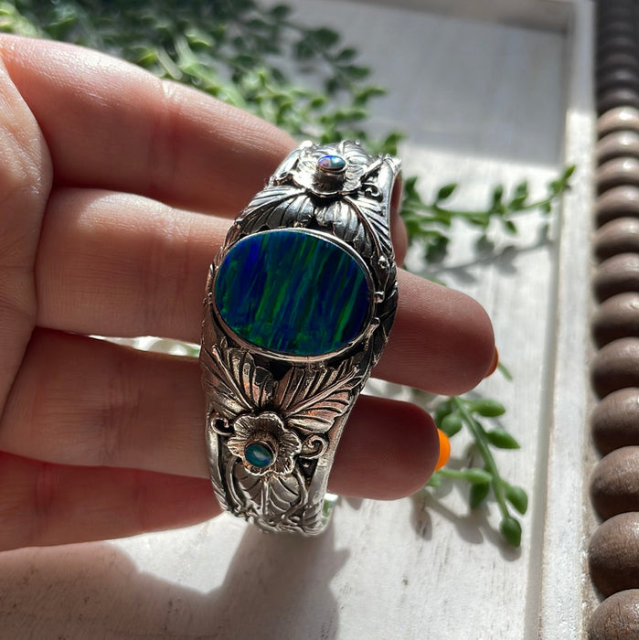 “The Fire Opal Cuff” Sterling Silver Fire Blue Opal Cuff Bracelet