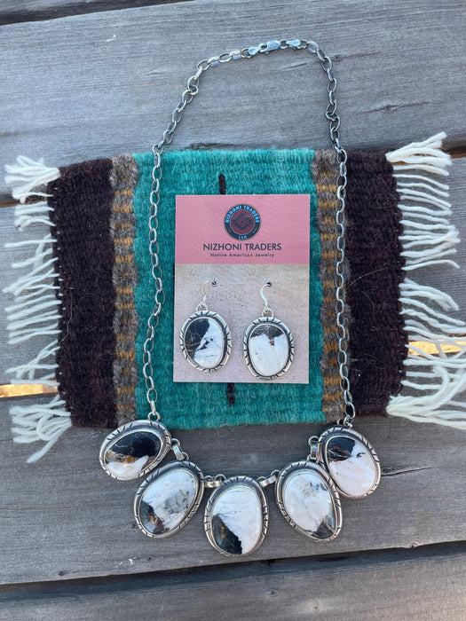 Navajo Sterling Silver & White Buffalo Necklace & Earrings Set Signed