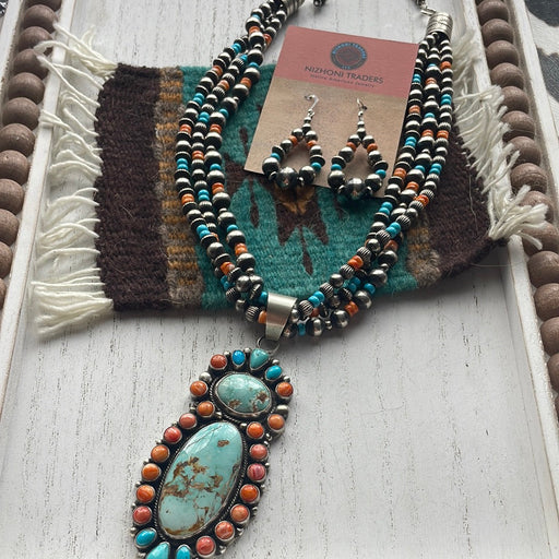 Navajo Beaded Turquoise, Spiny, & Sterling Silver Necklace Earrings Set Signed - Culture Kraze Marketplace.com